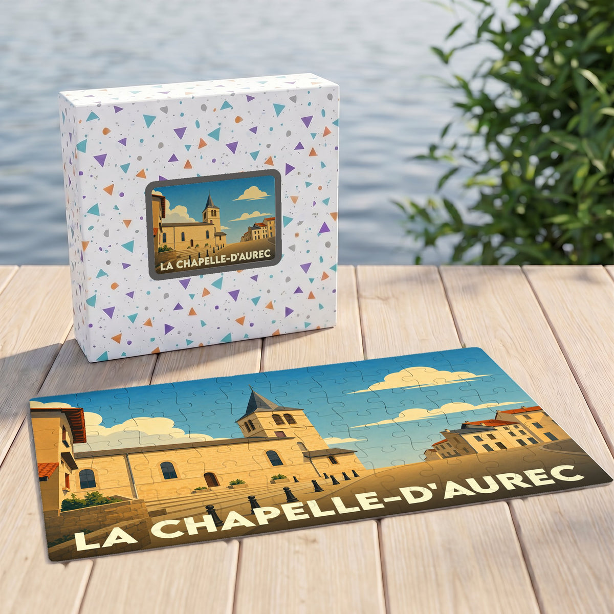 Puzzle souvenir de la ville de La Chapelle-d'Aurec avec une illustration stylisée et colorée.