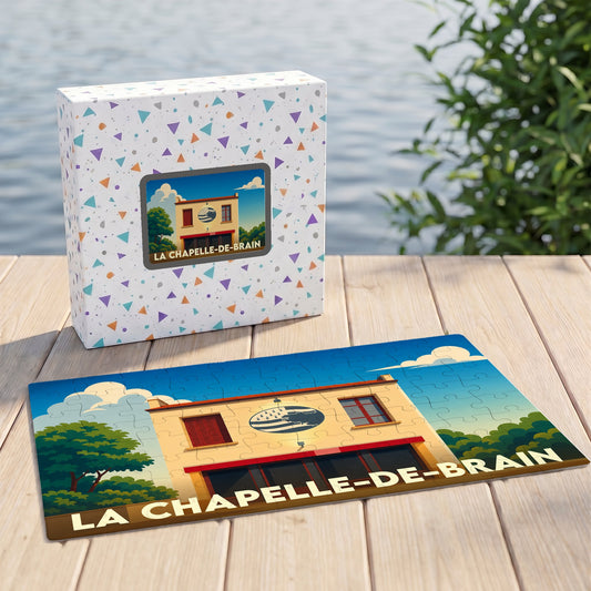 Puzzle souvenir de la ville de La Chapelle-de-Brain avec une illustration stylisée et colorée.