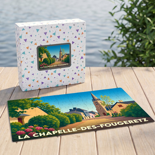 Puzzle souvenir de la ville de La Chapelle-des-Fougeretz illustré d'un paysage urbain stylisé et coloré.