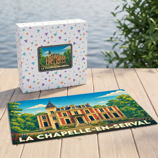 Puzzle souvenir de la ville de La Chapelle-en-Serval représentant une demeure historique avec une illustration stylisée.