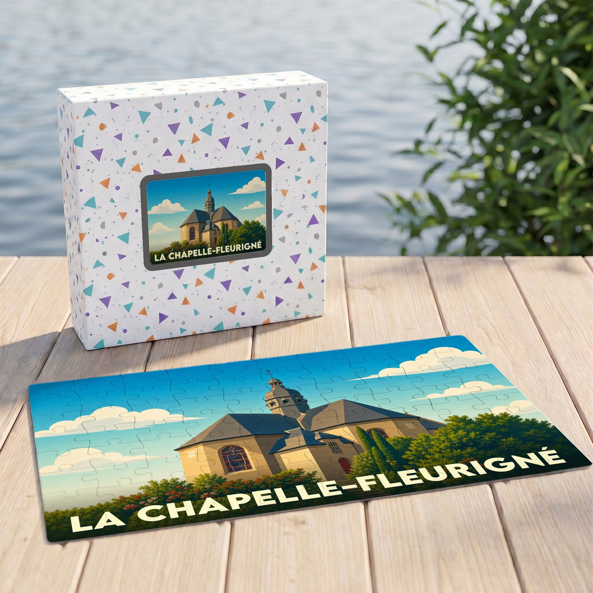 Puzzle souvenir de la ville de La Chapelle-Fleurigné avec une illustration stylisée.