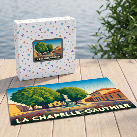 Puzzle souvenir de la ville de La Chapelle-Gauthier avec une illustration stylisée d'une place arborée et sa fontaine.