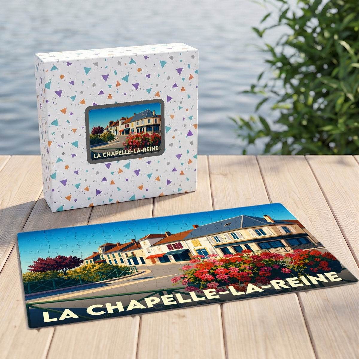 Puzzle souvenir de la ville de La Chapelle-la-Reine avec une illustration stylisée et colorée.