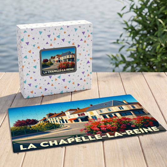 Puzzle souvenir de la ville de La Chapelle-la-Reine avec une illustration stylisée et colorée.