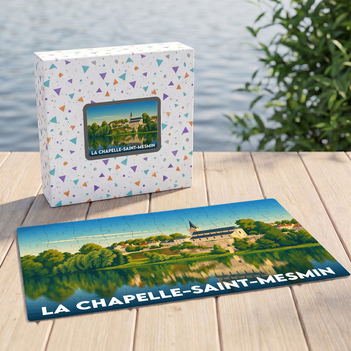 Puzzle souvenir de la ville de La Chapelle-Saint-Mesmin avec une illustration stylisée des bords de Loire.