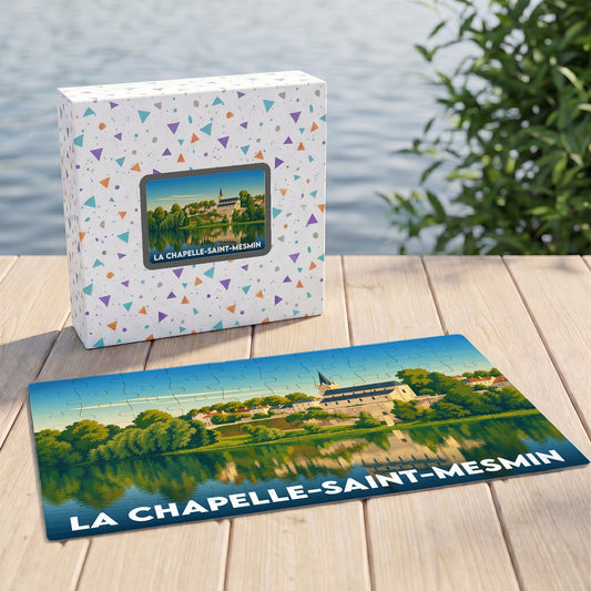 Puzzle souvenir de la ville de La Chapelle-Saint-Mesmin avec une illustration stylisée des bords de Loire.