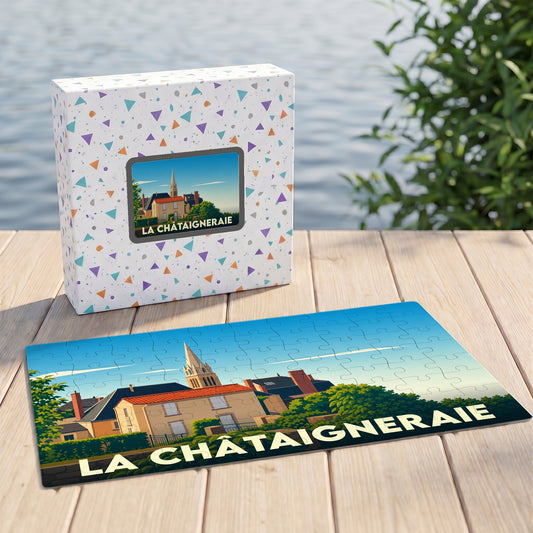 Puzzle souvenir de la ville de La Châtaigneraie avec une illustration stylisée.