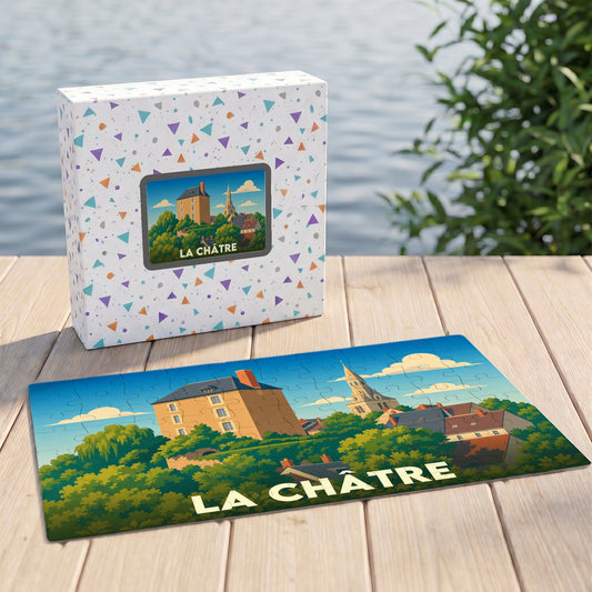 Puzzle souvenir de la ville de La Châtre avec une illustration stylisée d'un château et d'un clocher.