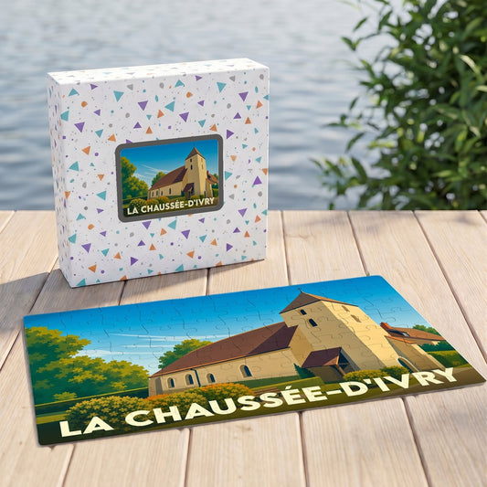 Puzzle souvenir de la ville de La Chaussée-d'Ivry avec une illustration stylisée de son église.