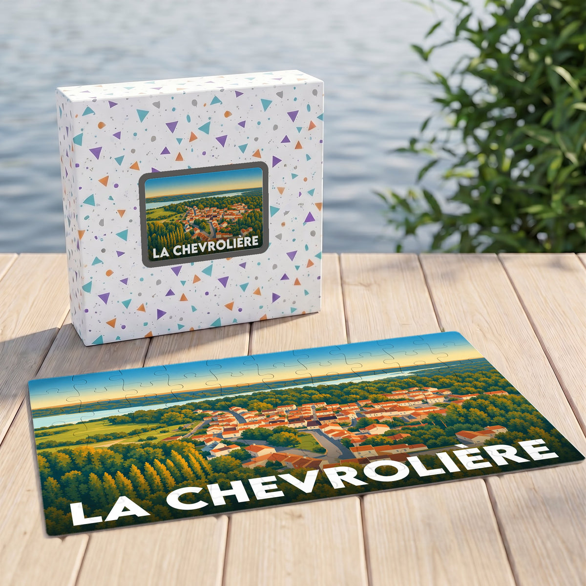 Puzzle souvenir de la ville de La Chevrolière avec une illustration stylisée.