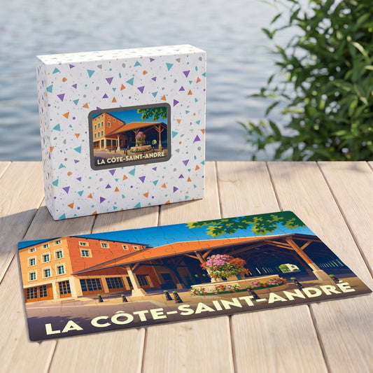 Puzzle souvenir de la ville de La Côte-Saint-André avec une illustration stylisée de ses halles historiques.