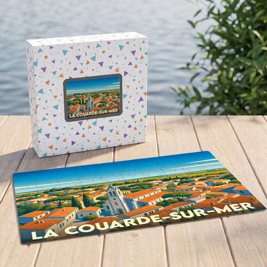 Puzzle souvenir de la ville de La Couarde-sur-Mer avec une illustration stylisée et colorée.