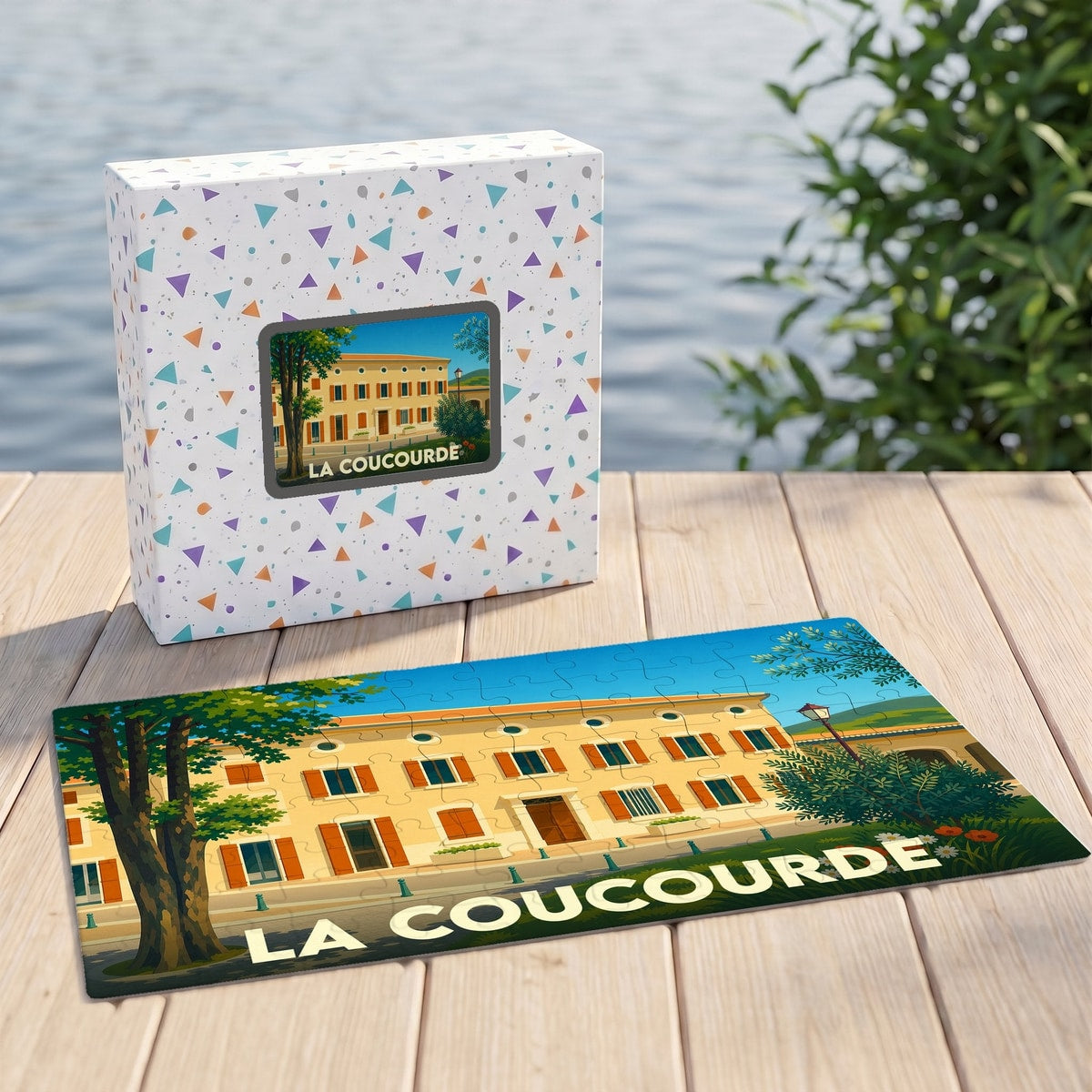 Puzzle souvenir de la ville de La Coucourde illustré par un bâtiment provençal stylisé.