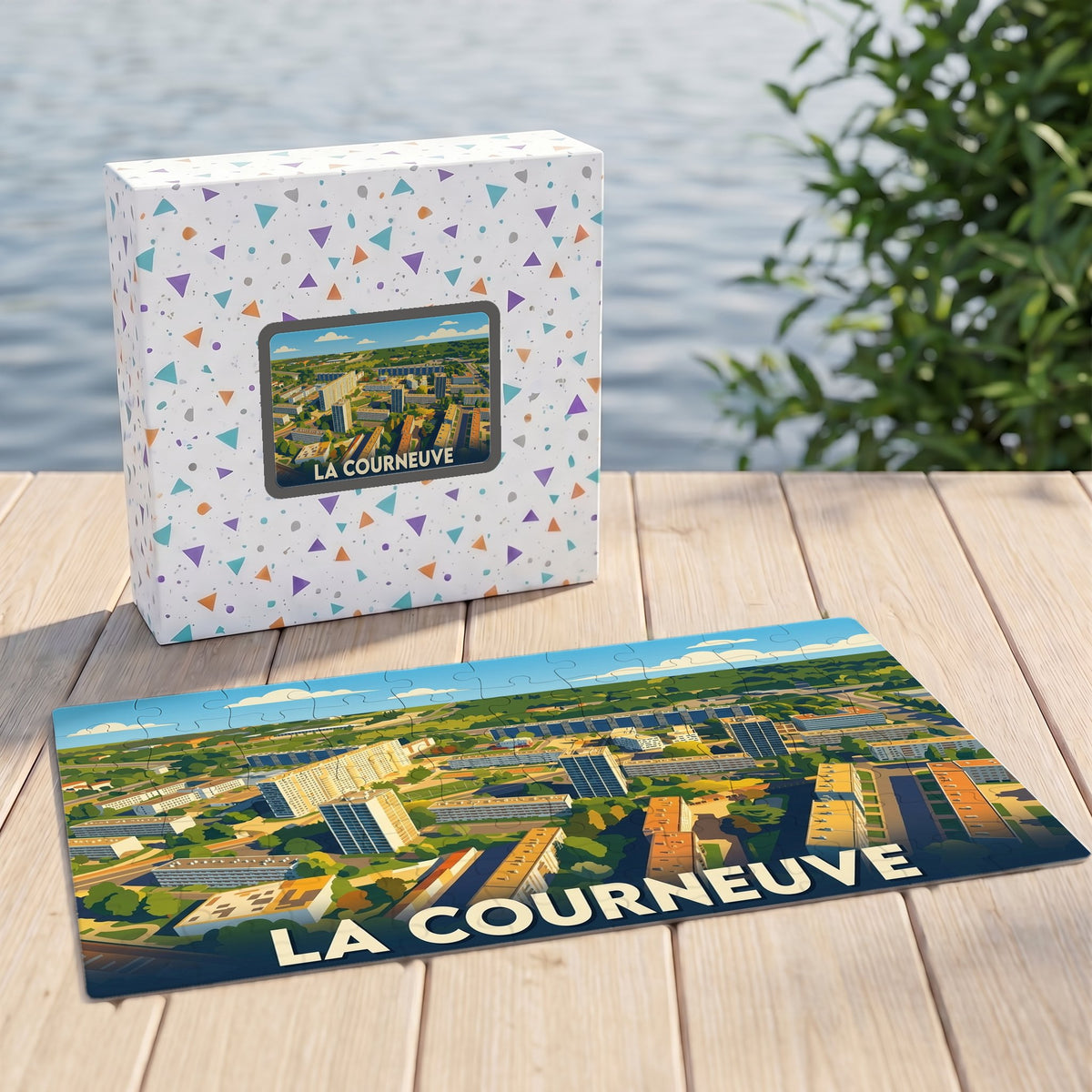 Puzzle souvenir de la ville de La Courneuve avec une illustration stylisée.