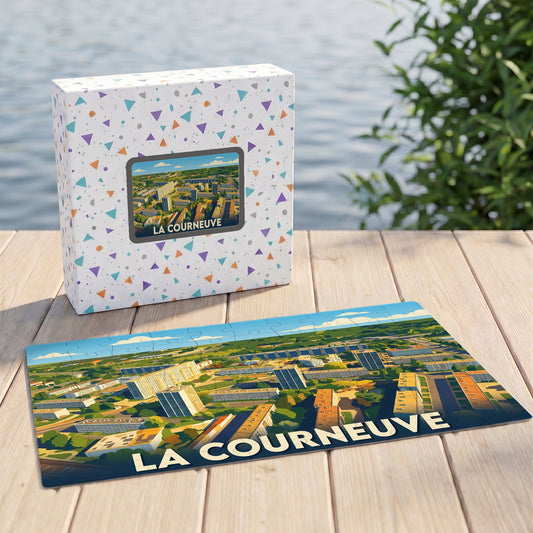 Puzzle souvenir de la ville de La Courneuve avec une illustration stylisée.