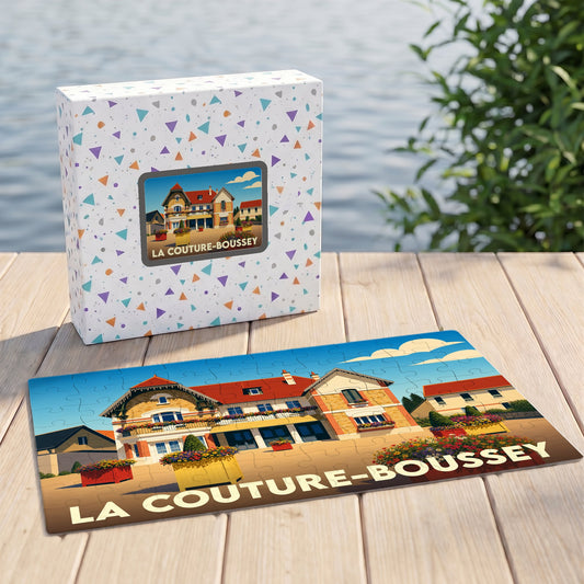 Puzzle souvenir de la ville de La Couture-Boussey avec une illustration stylisée et colorée.