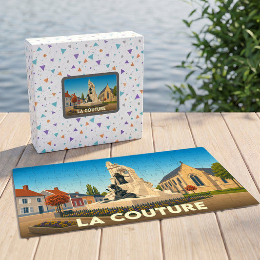 Puzzle souvenir de la ville de La Couture avec une illustration stylisée d'un monument et de son église.