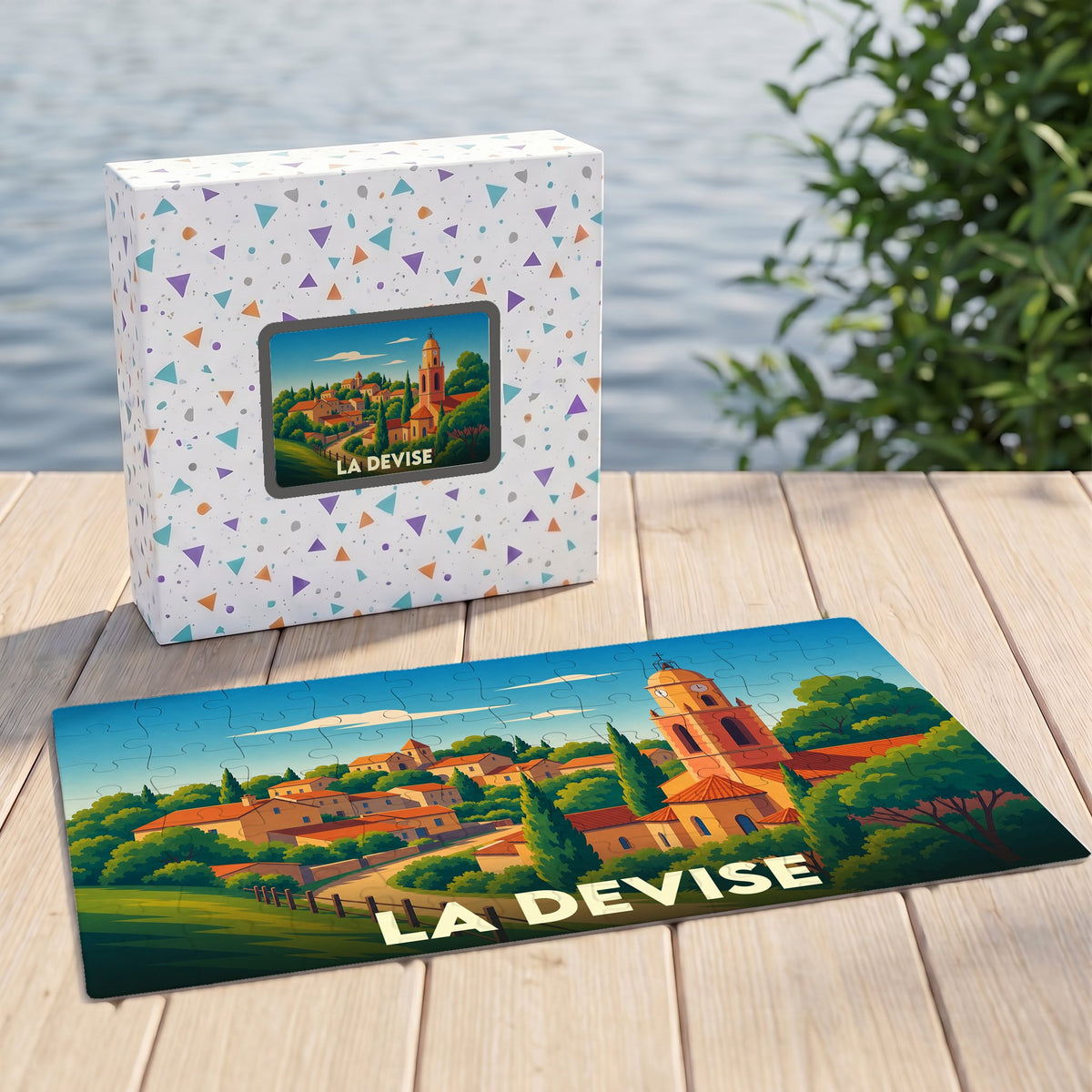 Puzzle souvenir de la ville de La Devise avec une illustration colorée et stylisée d'un village méditerranéen.
