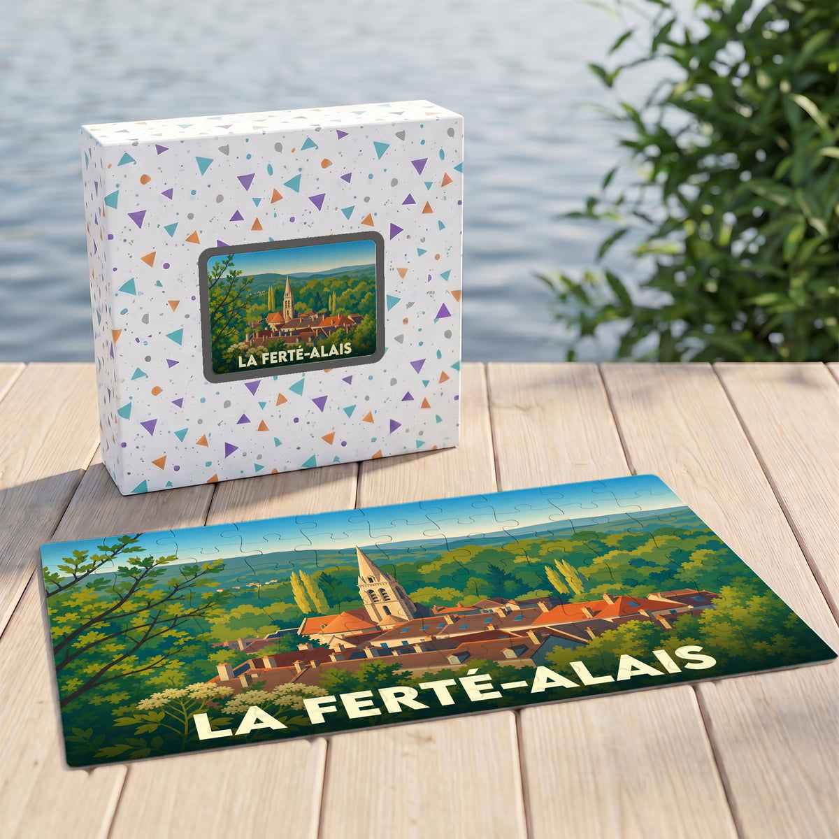 Puzzle souvenir de la ville de La Ferté-Alais illustrant un paysage urbain niché dans la verdure.