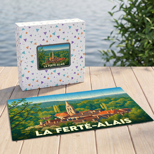 Puzzle souvenir de la ville de La Ferté-Alais illustrant un paysage urbain niché dans la verdure.