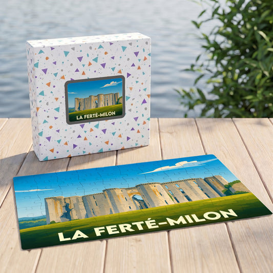 Puzzle souvenir de la ville de La Ferté-Milon avec une illustration stylisée de son château.