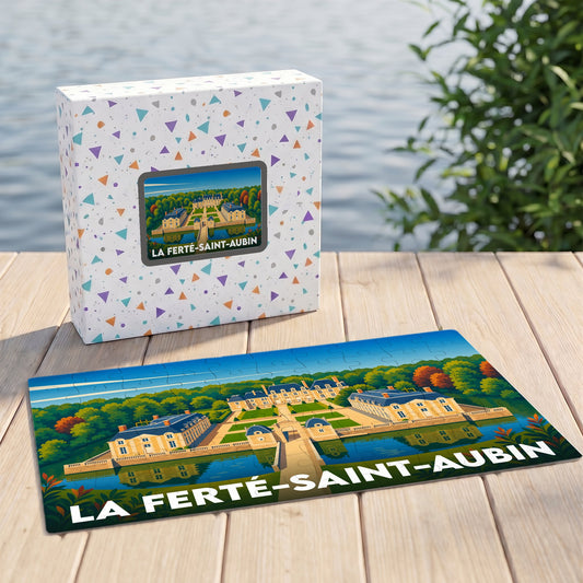 Puzzle souvenir de la ville de La Ferté-Saint-Aubin avec une illustration stylisée du château.