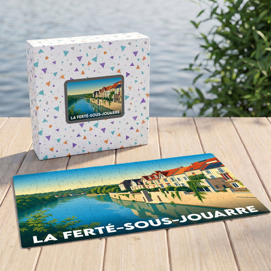 Puzzle souvenir de la ville de La Ferté-sous-Jouarre avec une illustration stylisée des bords de Marne.