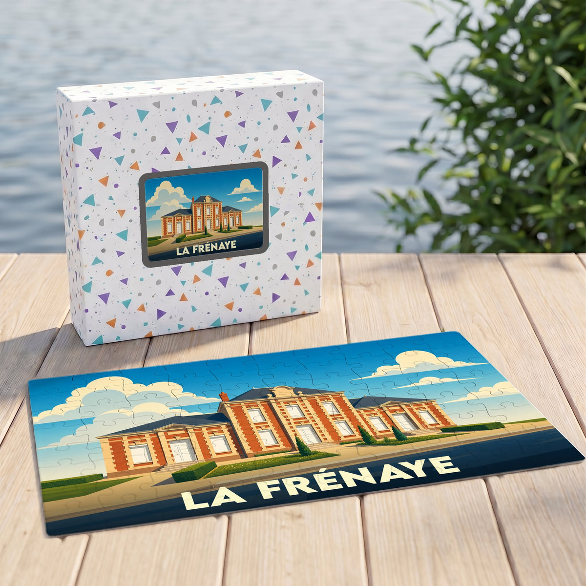 Puzzle souvenir de la ville de La Frénaye illustrant un bâtiment historique dans un style graphique épuré.