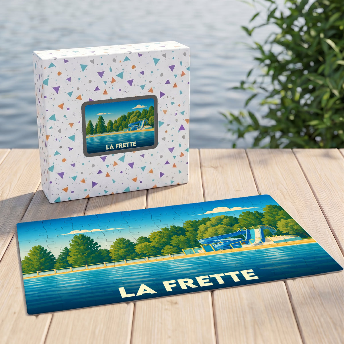 Puzzle souvenir de la ville de La Frette avec une illustration stylisée d'une base de loisirs.