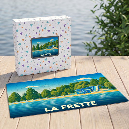 Puzzle souvenir de la ville de La Frette avec une illustration stylisée d'une base de loisirs.