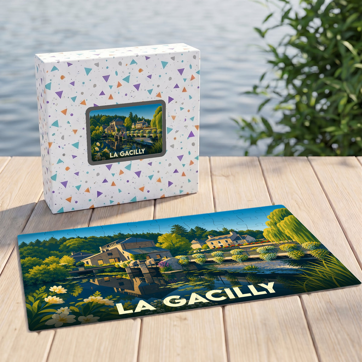 Puzzle souvenir de la ville de La Gacilly présentant une illustration colorée et stylisée d'un paysage fluvial.
