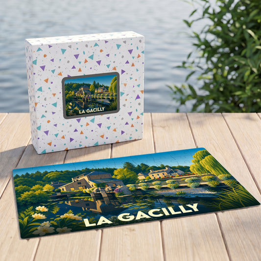 Puzzle souvenir de la ville de La Gacilly présentant une illustration colorée et stylisée d'un paysage fluvial.