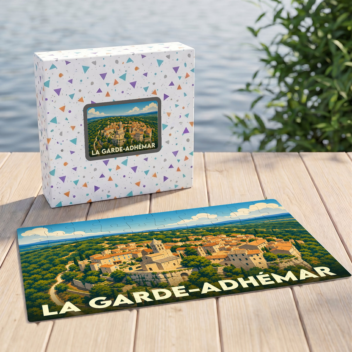 Puzzle souvenir de la ville de La Garde-Adhémar avec une illustration panoramique stylisée.