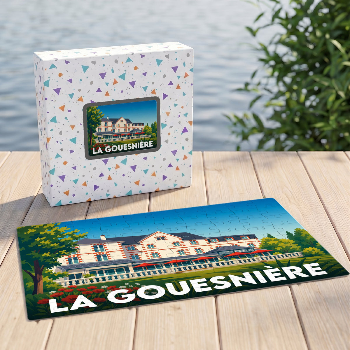 Puzzle souvenir de la ville de La Gouesnière avec une illustration stylisée de son patrimoine.