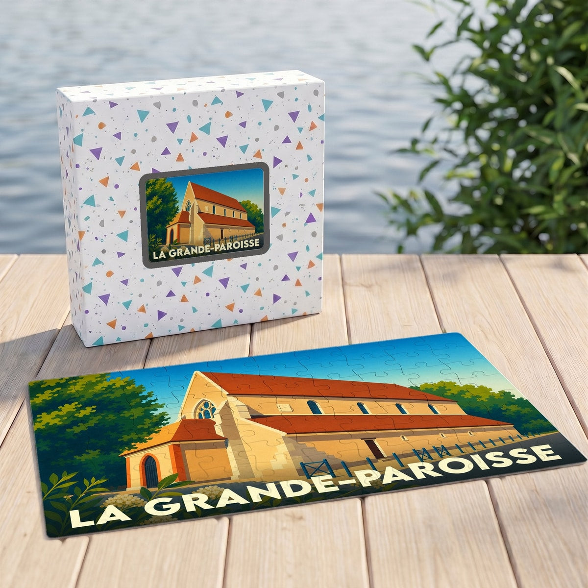 Puzzle souvenir de la ville de La Grande-Paroisse avec une illustration stylisée de son église.