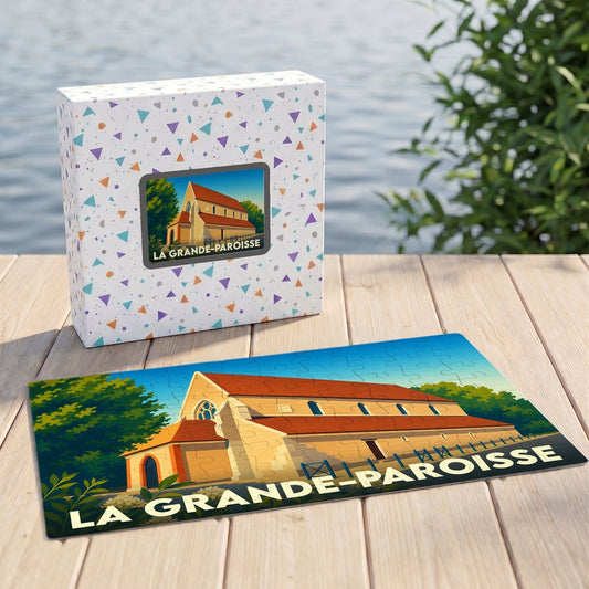 Puzzle souvenir de la ville de La Grande-Paroisse avec une illustration stylisée de son église.