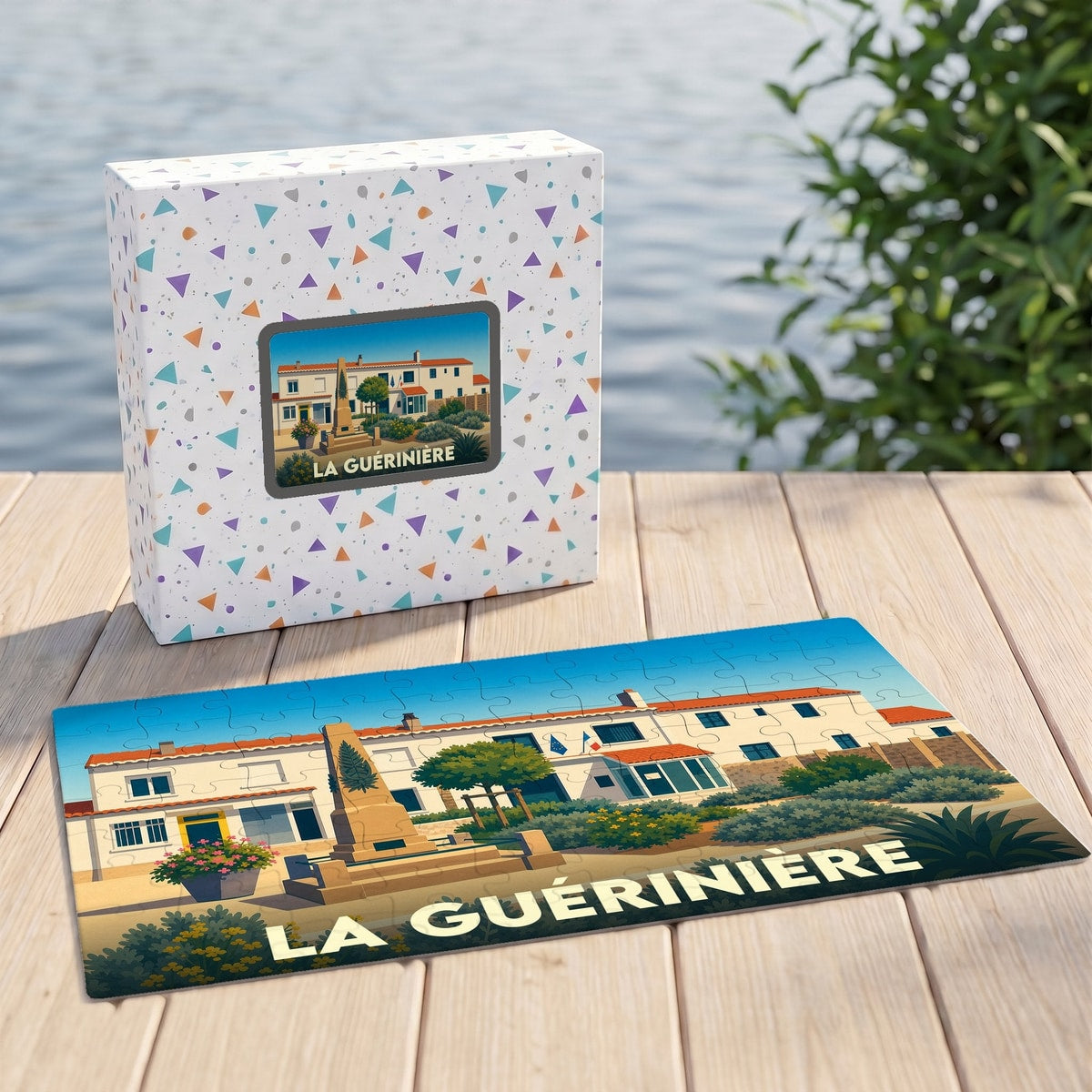 Puzzle souvenir de la ville de La Guérinière avec son coffret et une illustration stylisée.