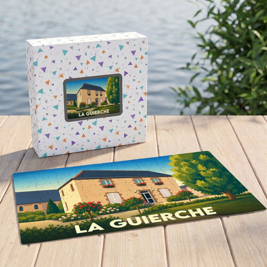 Puzzle souvenir de la ville de La Guierche avec une illustration stylisée d'une maison de campagne.