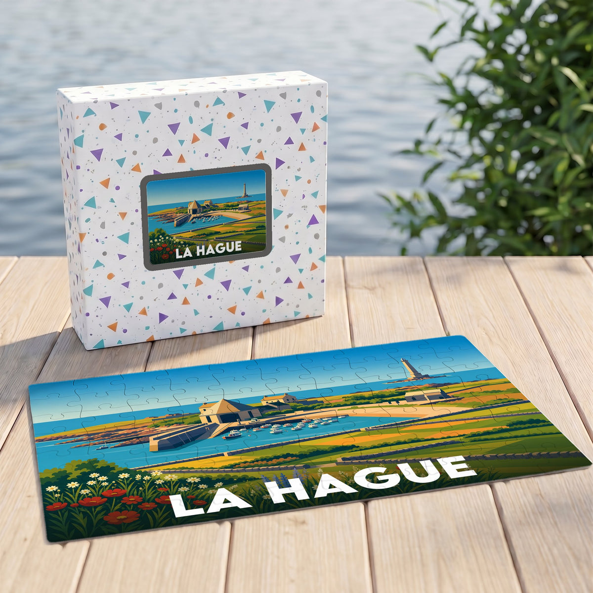 Puzzle souvenir de la ville de La Hague présentant une illustration stylisée du littoral et de son phare.