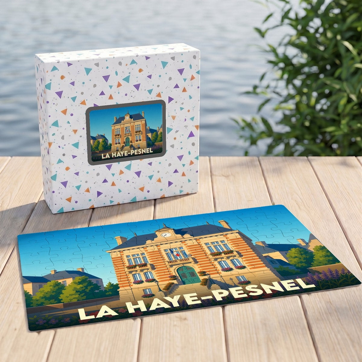 Puzzle souvenir de la ville de La Haye-Pesnel illustrant son hôtel de ville dans un style coloré et épuré.
