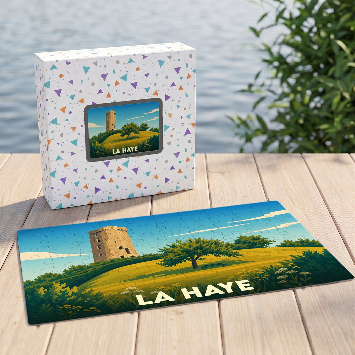 Puzzle souvenir de la ville de La Haye avec une illustration stylisée d'une tour historique.