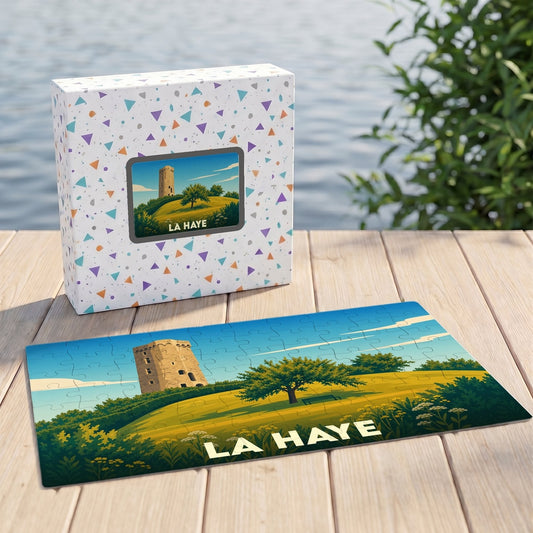 Puzzle souvenir de la ville de La Haye avec une illustration stylisée d'une tour historique.