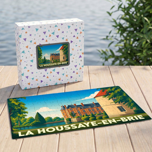 Puzzle souvenir de la ville de La Houssaye-en-Brie avec une illustration stylisée de son château.