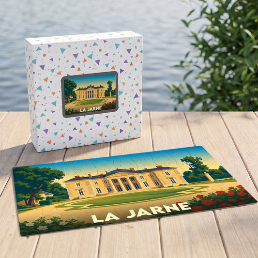 Puzzle souvenir de la ville de La Jarne avec une illustration stylisée d'un château sur sa boîte assortie.