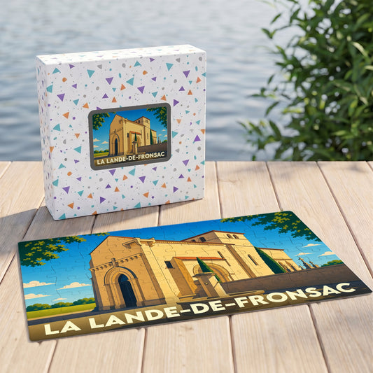 Puzzle souvenir de la ville de La Lande-de-Fronsac avec une illustration stylisée de son église romane.