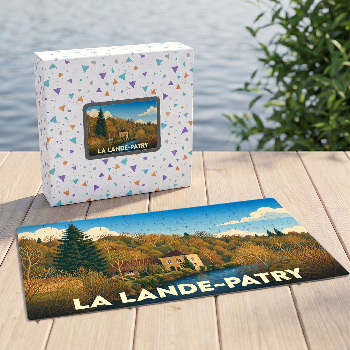 Puzzle souvenir de la ville de La Lande-Patry avec une illustration stylisée de son paysage.
