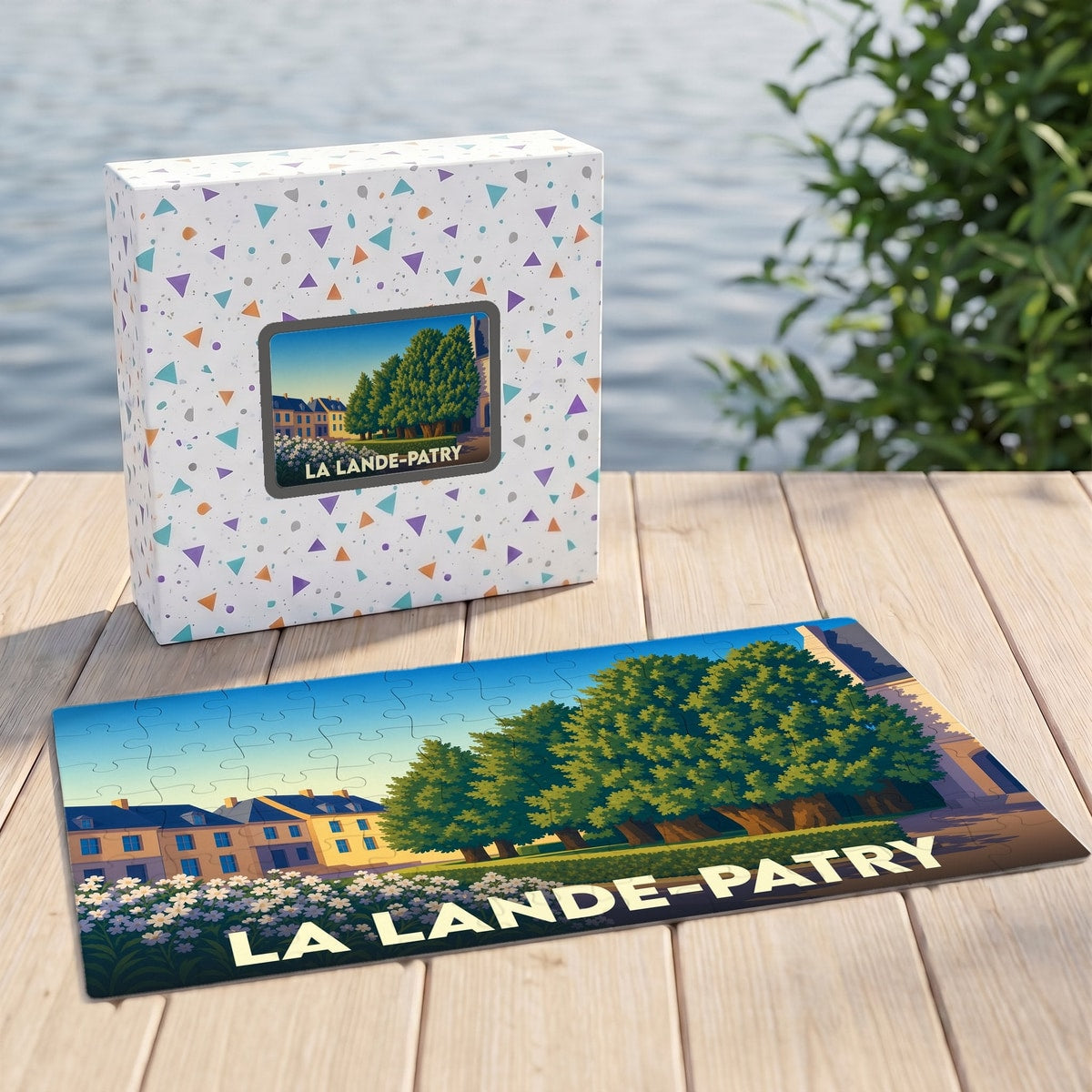 Puzzle souvenir de la ville de La Lande-Patry avec une illustration stylisée et colorée.