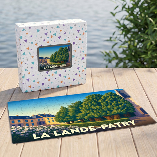 Puzzle souvenir de la ville de La Lande-Patry avec une illustration stylisée et colorée.