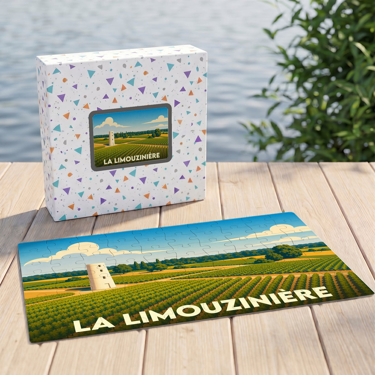 Puzzle souvenir de la ville de La Limouzinière avec une illustration stylisée de vignobles.