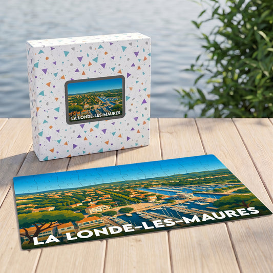 Puzzle souvenir de la ville de La Londe-les-Maures avec une illustration stylisée du port et de ses environs.